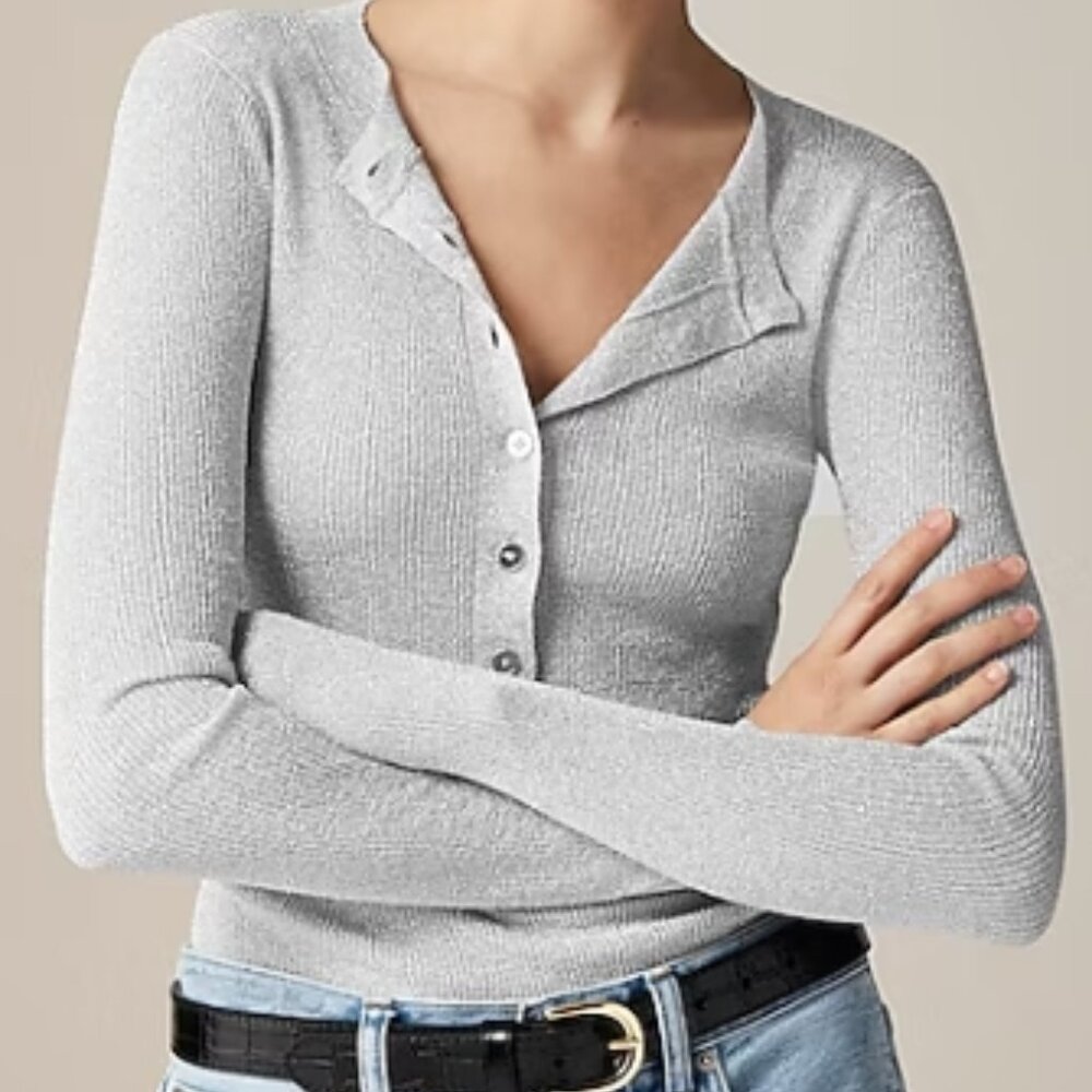 J.Crew Ribbed Henley Sweater with Lurex® Metallic Threads – Silver – Size S NWT
